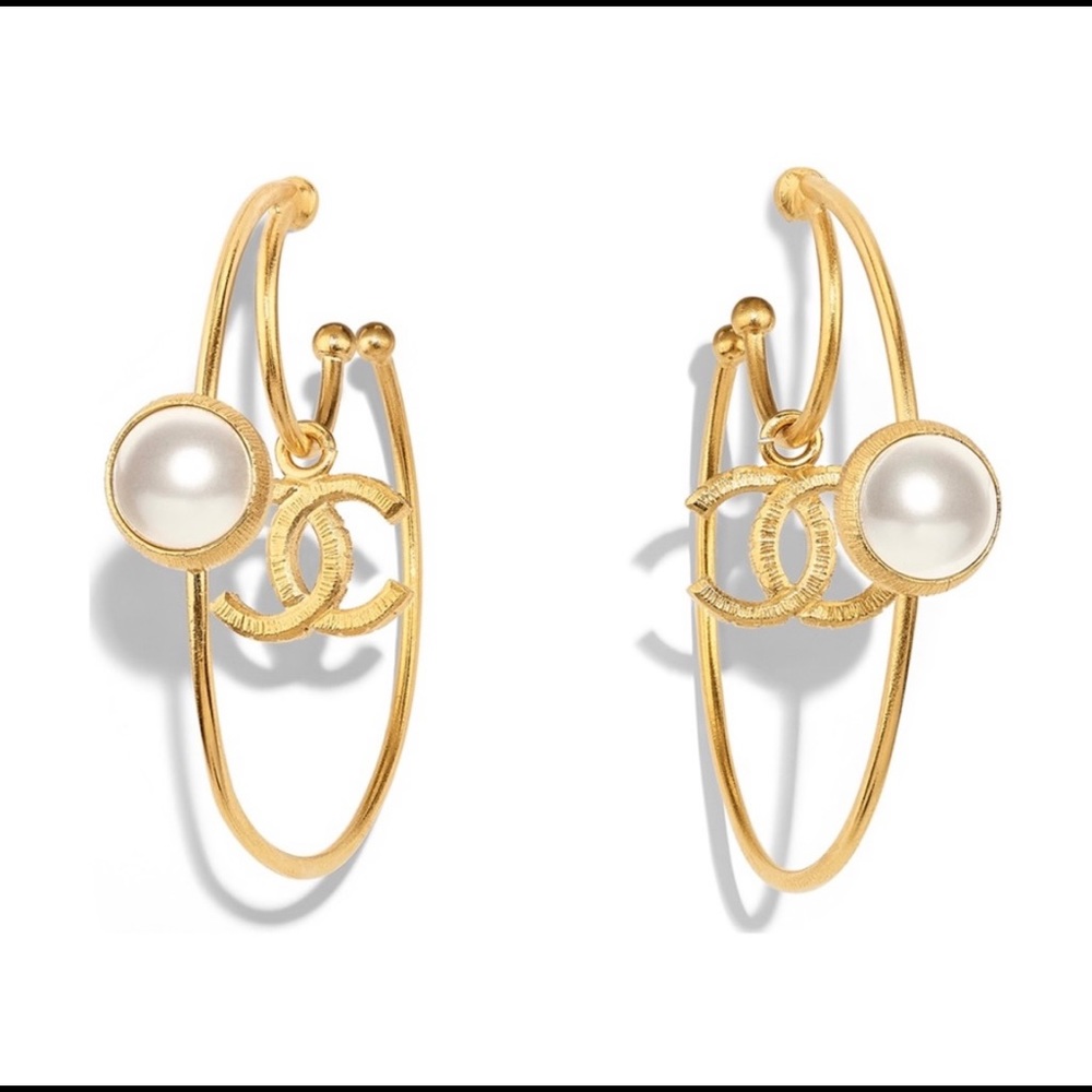 Authentic CHANEL CC Logo Gold Hoop Pearl Earrings
